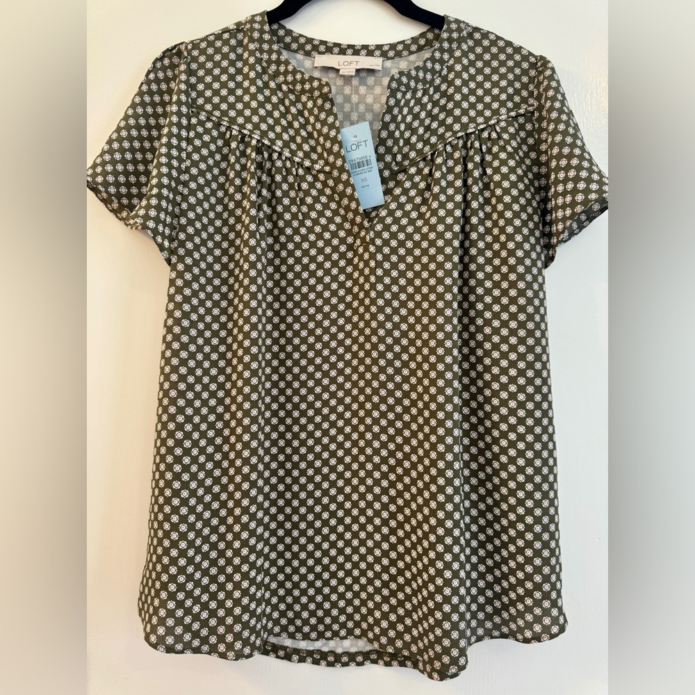 LOFT Olive and White Patterned Blouse